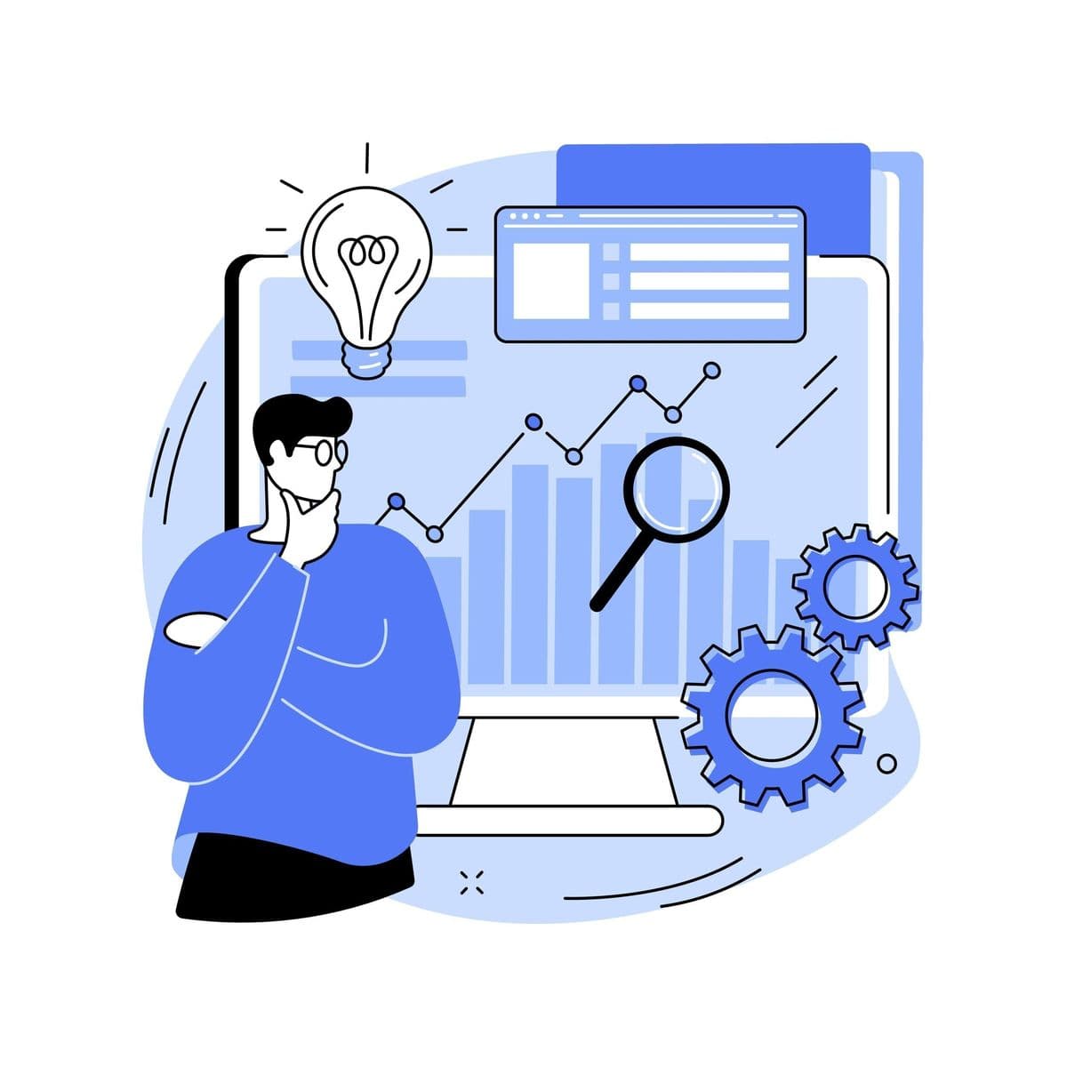 A business owner studying their sales dashboard, with charts and a magnifying glass