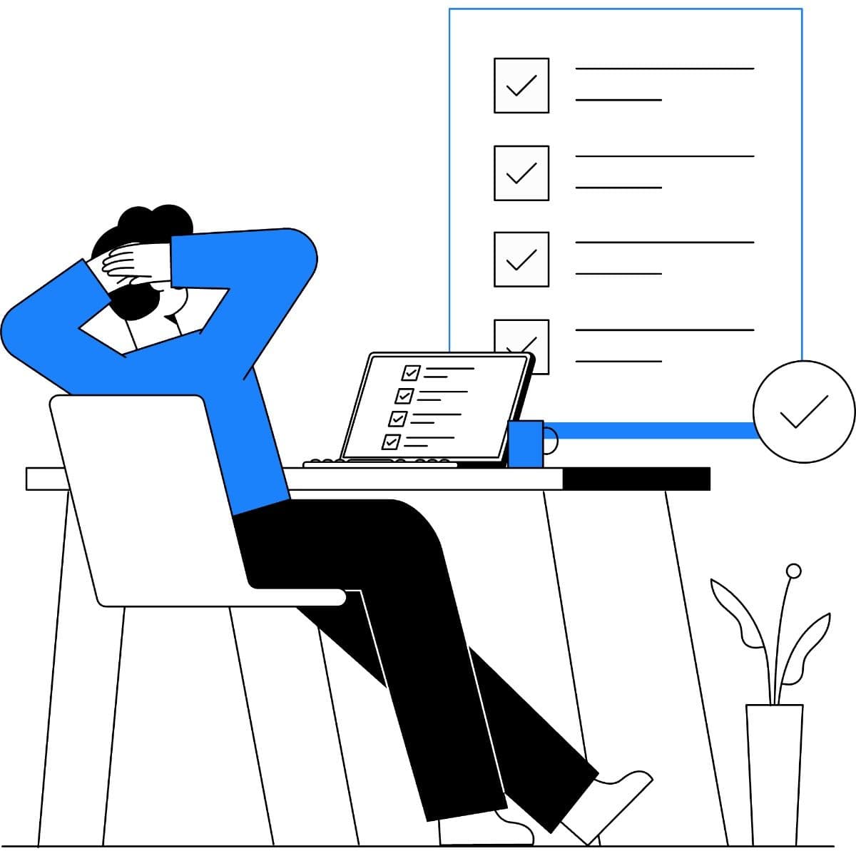 A shop owner leaning back from their desk while a checklist on the laptop completes itself